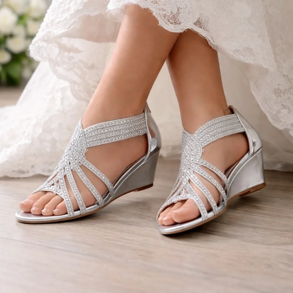 PIZZ ANNU Women's Diana Low Wedge Sandals Sparkly Rhinestone Open Toe 11